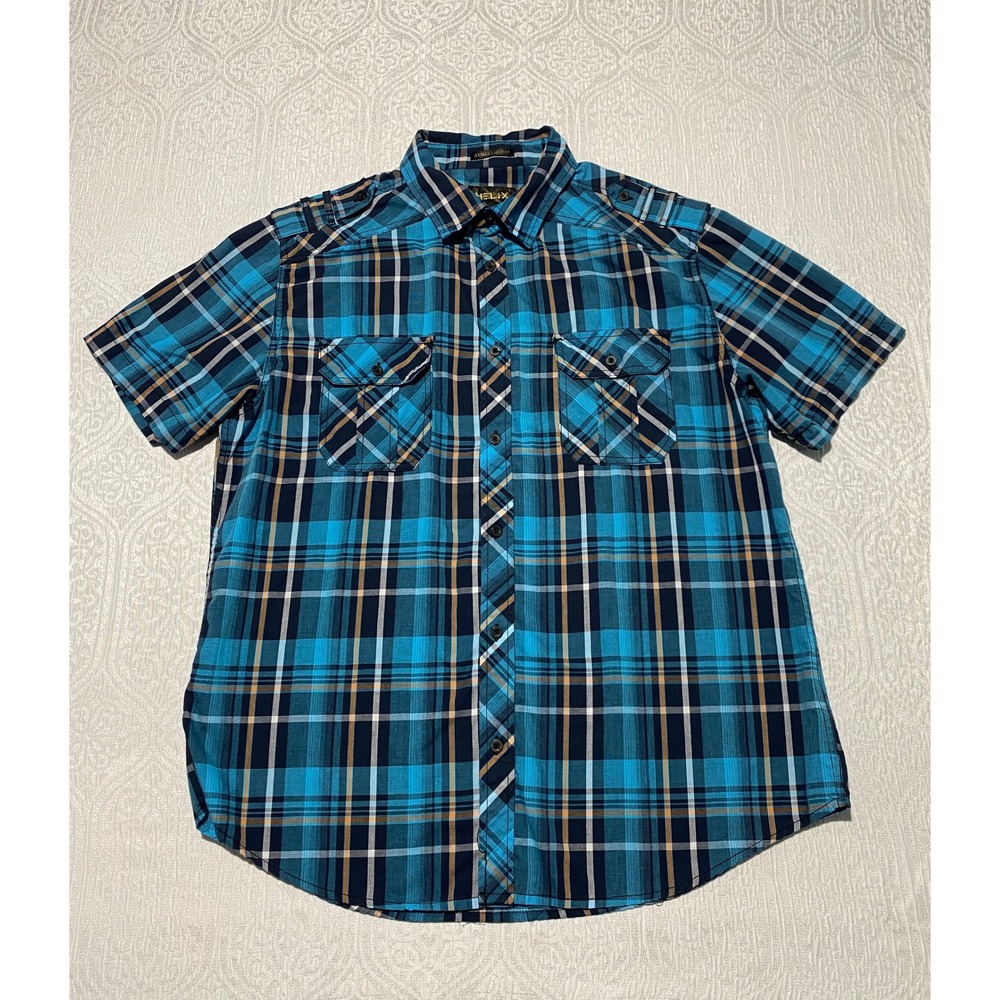 Helix Mens XL Athletic Fit Plaid Short Sleeve Shirt Blue Teal Black Pockets